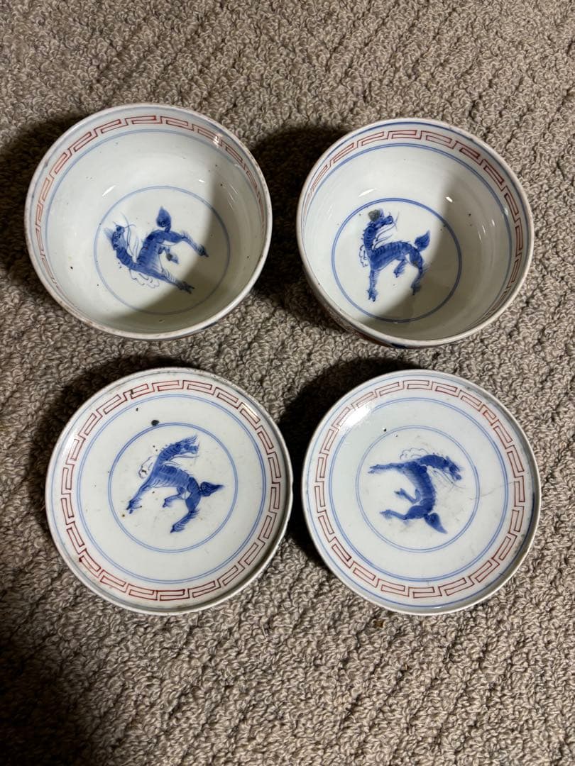 古伊万里色絵金彩蓋茶碗 江戸〜明治期 蓋付き御茶碗 麒麟 銘あり 染付 骨董品