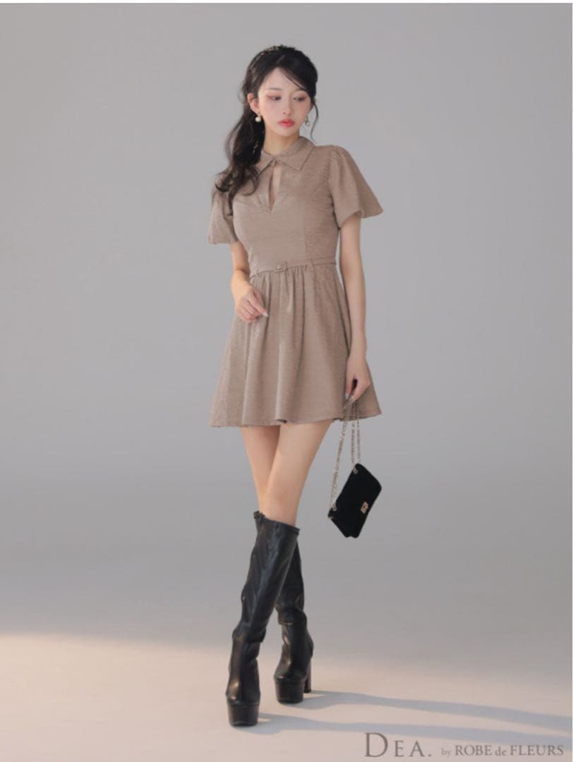 ワッフル素材クラシカル襟付きフレアミニキャバドレス