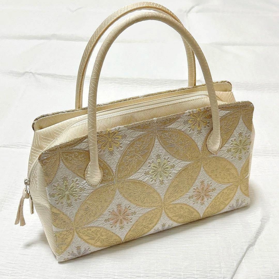 利休バッグ　七宝　正絹　金糸　アイボリー　クリーム系　美品