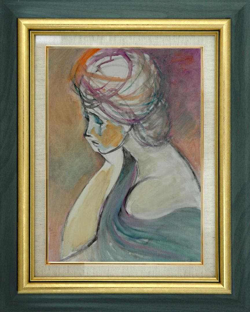 油絵 菅家令子 絵 絵画インテリア額付(青緑＋金色の枠) F6-080712女性