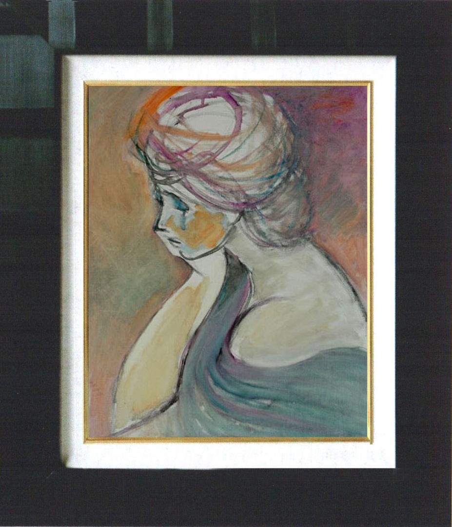 油絵 菅家令子 絵 絵画インテリア額付(青緑＋金色の枠) F6-080712女性