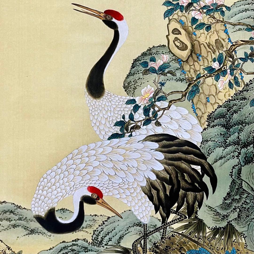 【絹本】肉筆掛け軸花鳥画　細筆画「鶴と松」美術品　和室　茶室　吉祥　長寿　縁起物