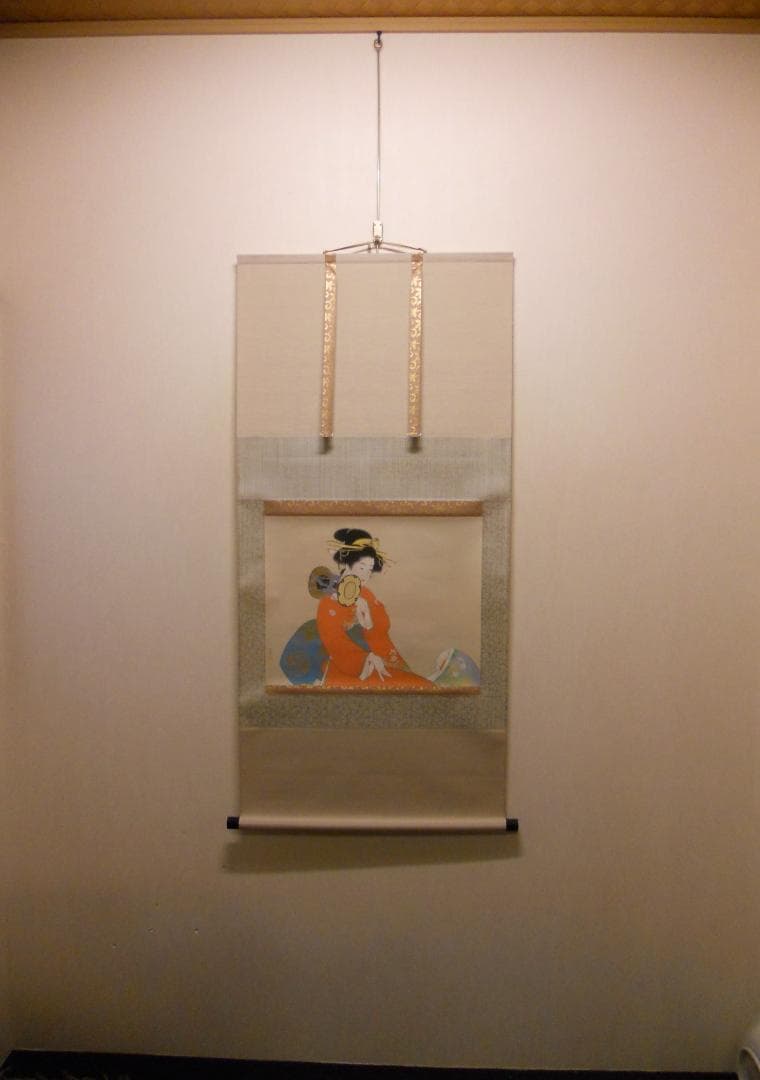 掛け軸 上村松園 『 鼓の音 』 美人画 名品 複製 希少 茶道具 掛軸 新品