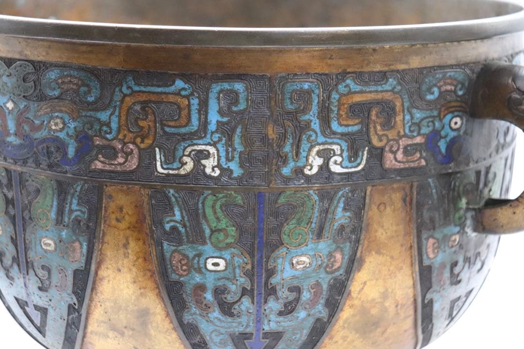 中国　七宝焼　渡金象耳葵龍紋簋　在銘　送料込み251217