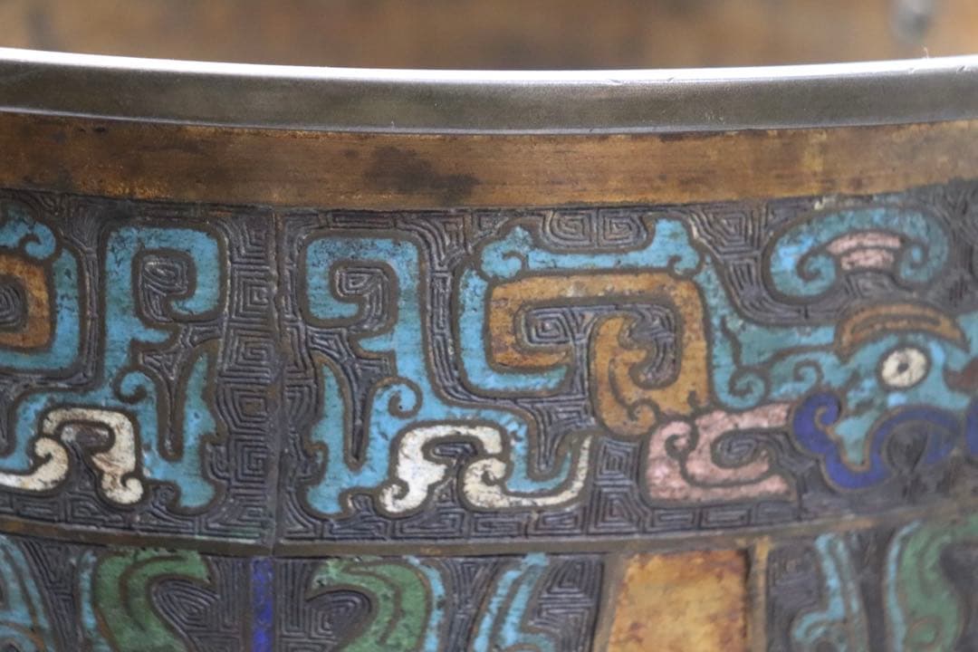 中国　七宝焼　渡金象耳葵龍紋簋　在銘　送料込み251217