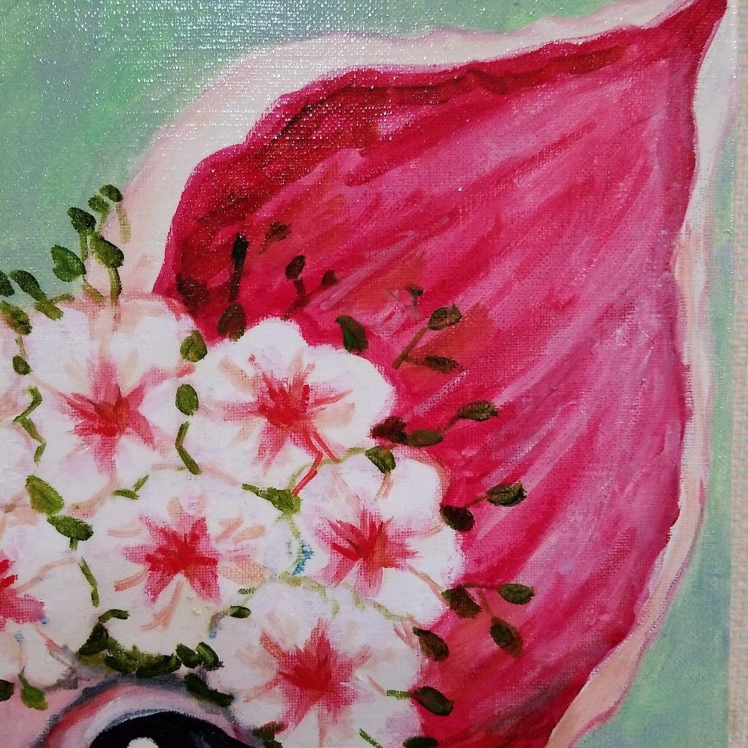 油絵　みーちゃん確認　頭に花をのせた豚