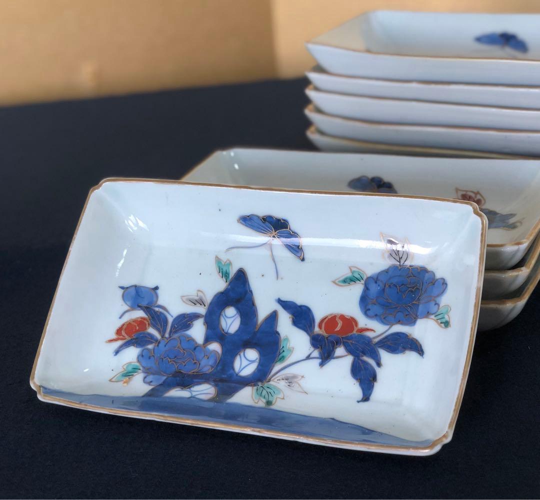 《R》伊万里 金彩色絵 長皿5客 角皿 懐石　251007あ7