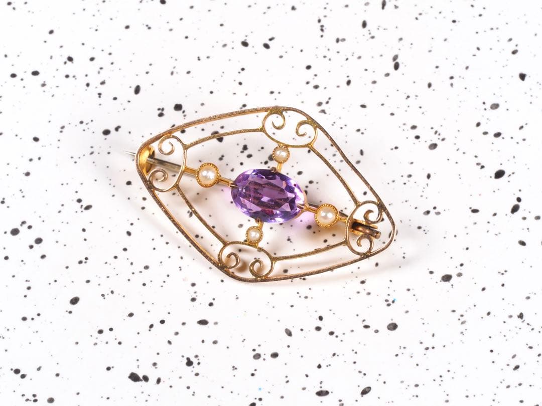 アメジスト　シードパール　9金　ブローチ　エドワーディアン期　刻印