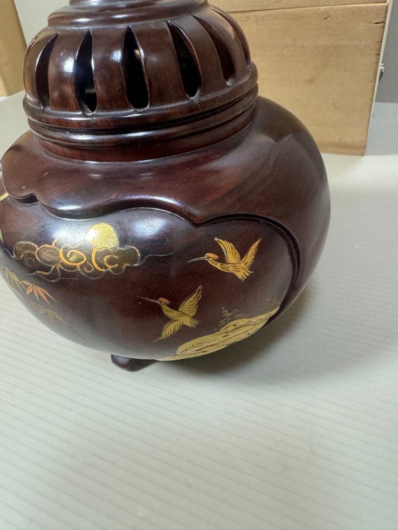 2164 雲龍作　本紫壇 金蒔絵 鳳凰　山水之図　香炉