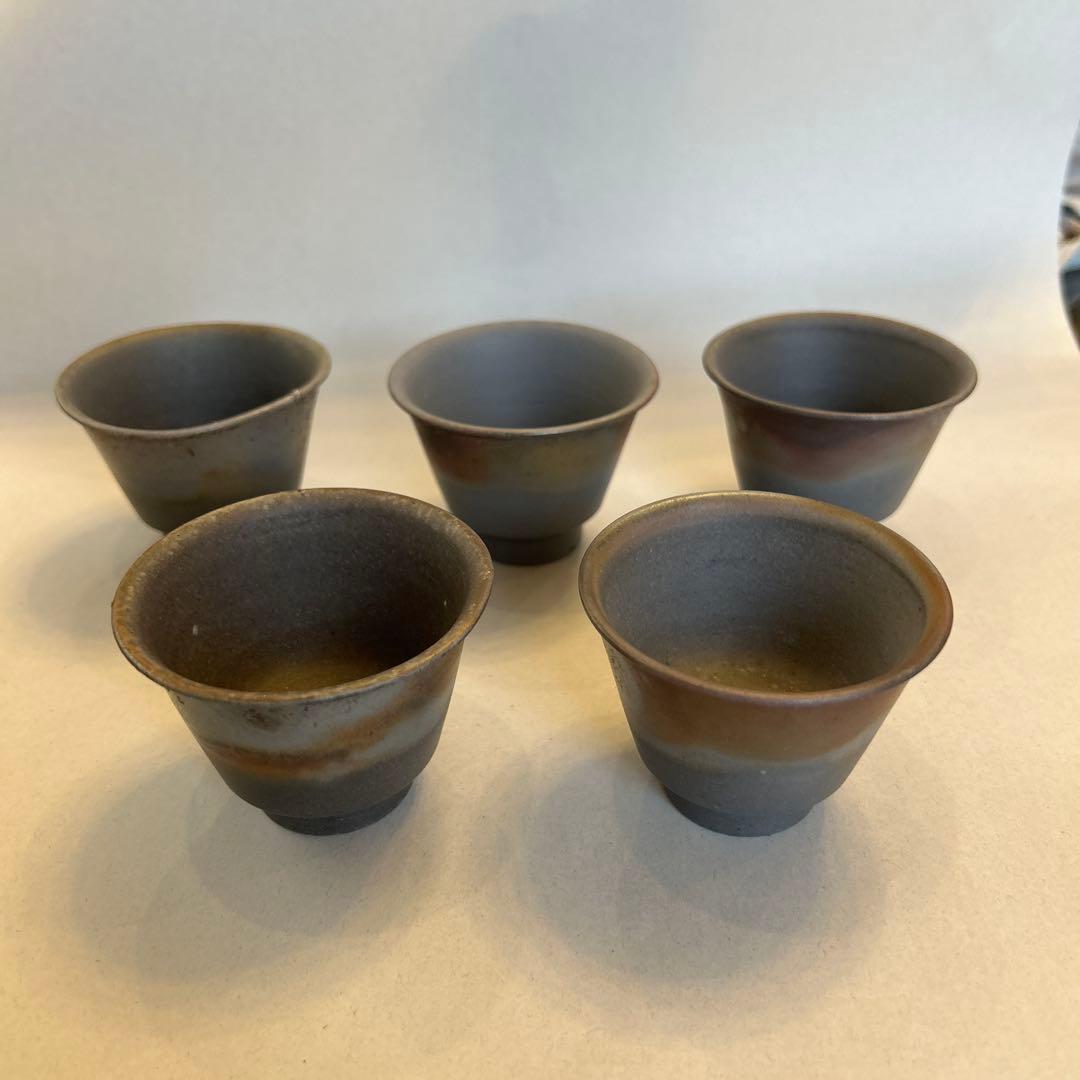 『値引き』備前焼　藤田龍峰　煎茶器　煎茶碗5客　青備前