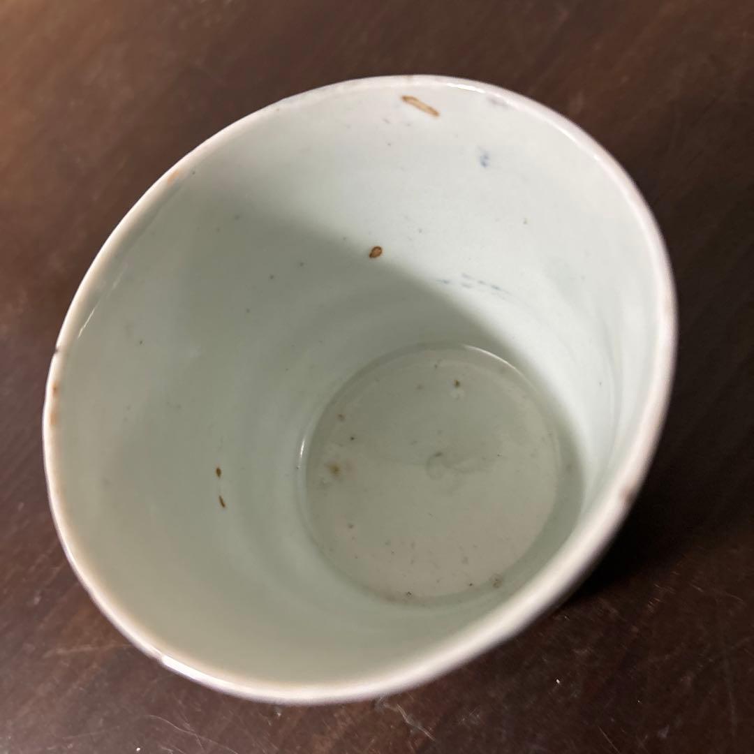 古伊万里染付　格子縞　蔓草文　蕎麦猪口　江戸初期.前期　盃　アンティーク　李朝