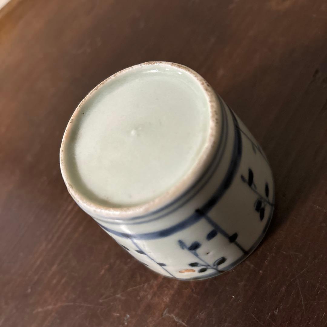 古伊万里染付　格子縞　蔓草文　蕎麦猪口　江戸初期.前期　盃　アンティーク　李朝