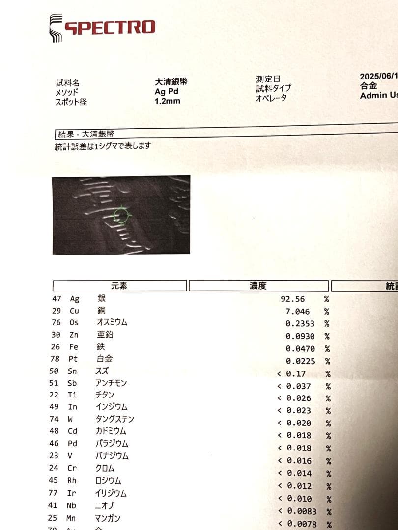 リ*ャ様 M0884【 中国　大清銀弊　】銀製保証 金属分析表付