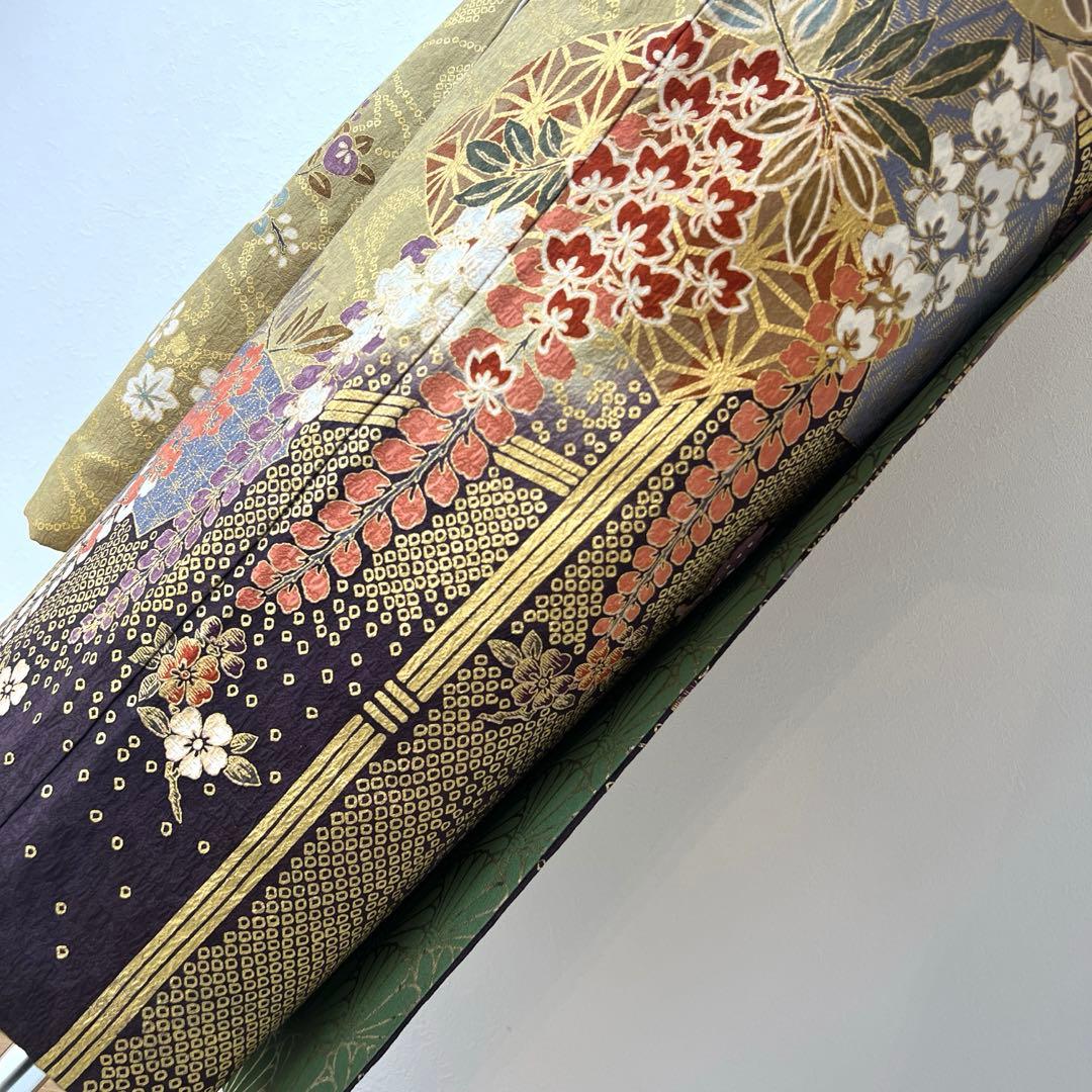 382 振袖フルセット 正絹 カーキ 茶 金彩 暈し染め 鈴乃屋 シック くすみ