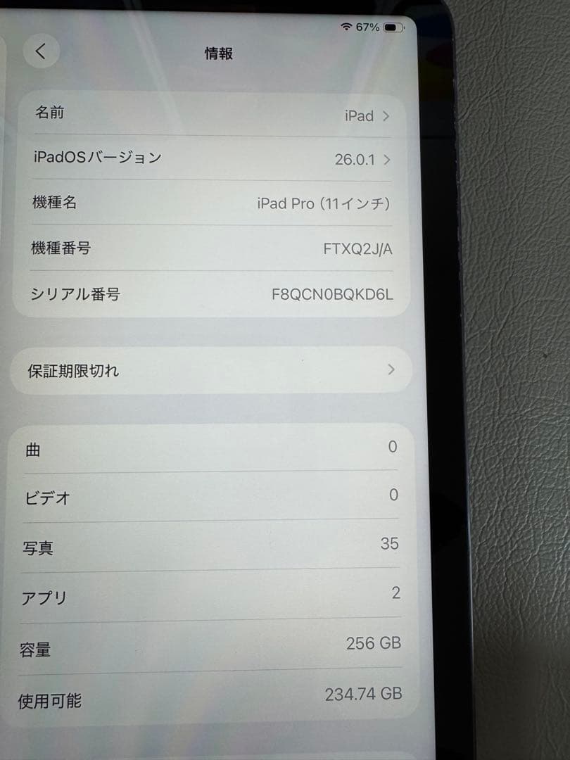 iPad Pro11 256GB 大容量　最新iOS26済 バッテリー容量81%