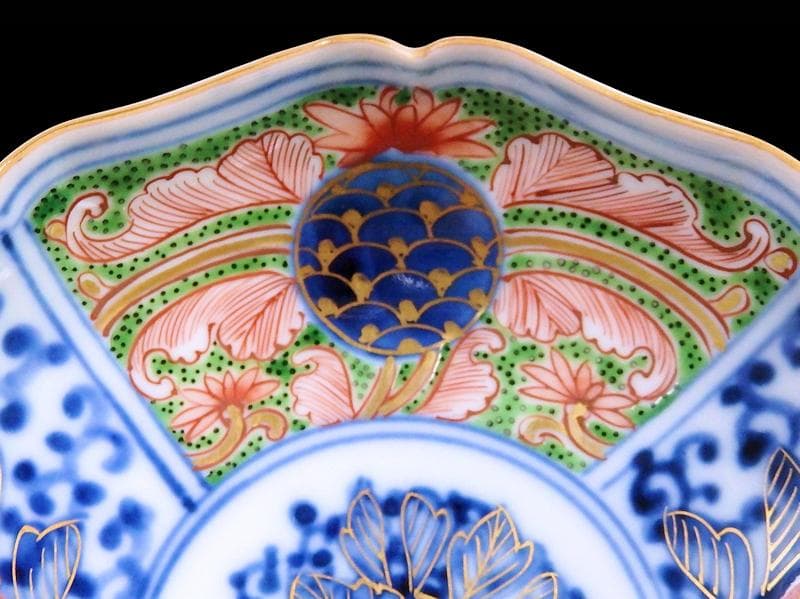 大聖寺伊万里　染錦　牡丹に唐草吉祥文の図　４寸皿　５枚　B178 AS-DAf