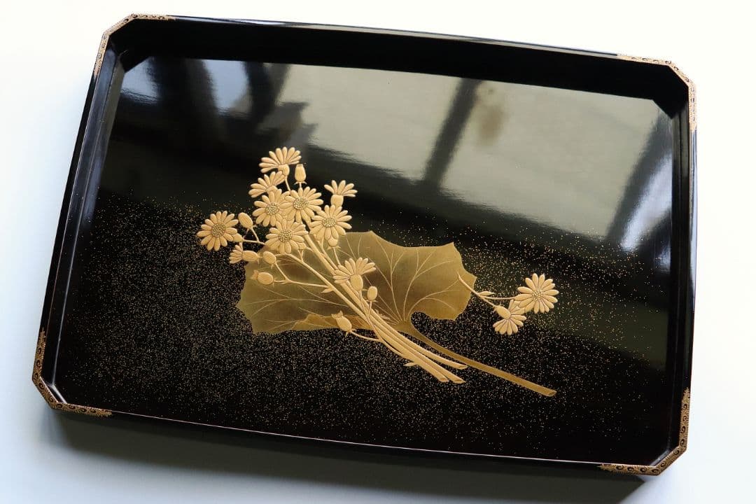 MA6 木製漆器 草花金蒔絵 黒塗 長方盆 大小一組 木箱入 切金 梨地 菊