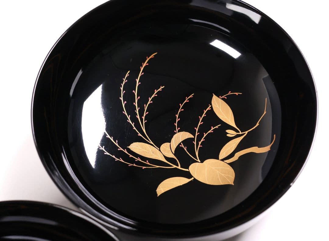 【MB189】天然木漆塗 紫陽花と葵 金蒔絵 螺鈿入 黒塗 煮物椀 二客 昭和期