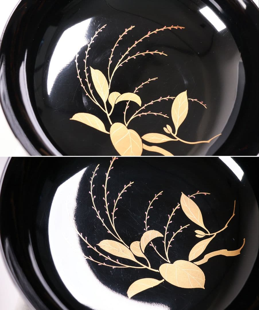 【MB189】天然木漆塗 紫陽花と葵 金蒔絵 螺鈿入 黒塗 煮物椀 二客 昭和期