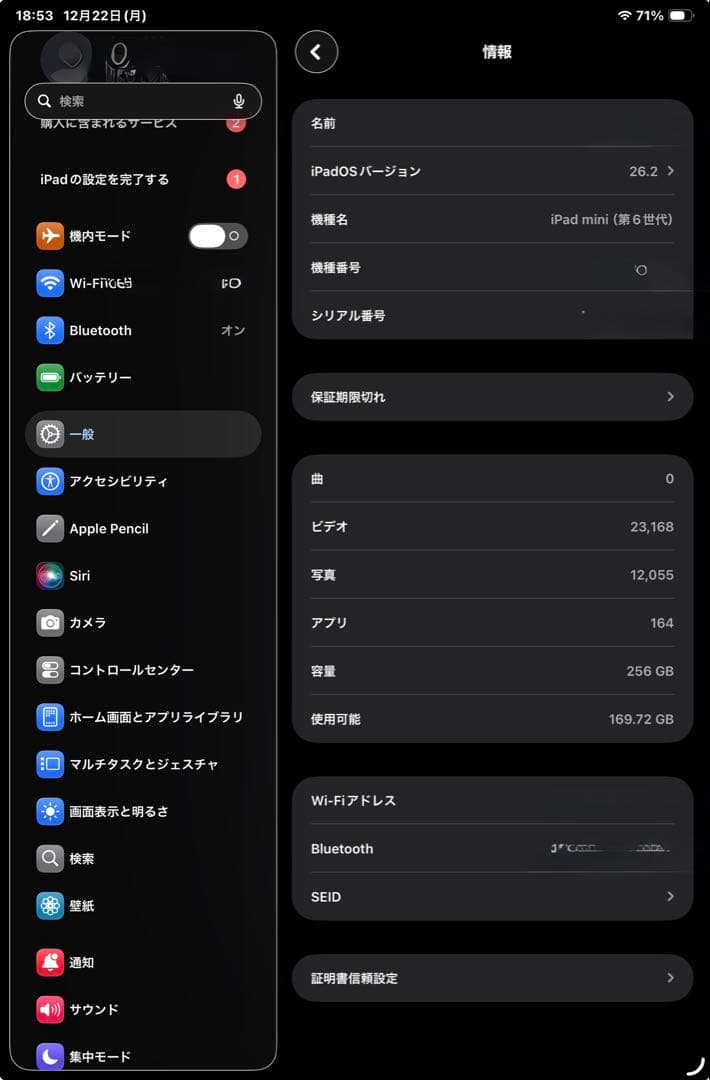 バッテリー100% iPad mini 6 256GB WIFI ほぼ未使用美品
