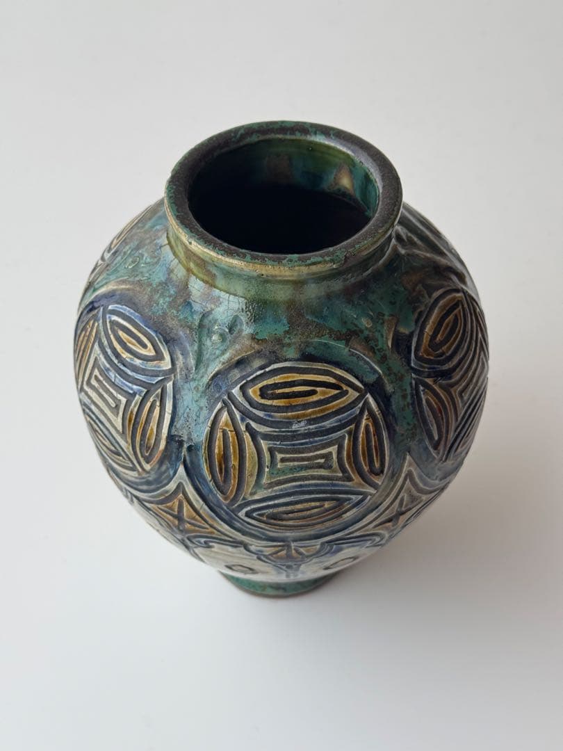 ヴィンテージ 民藝 沖縄県 壺屋焼 花瓶 壺 装飾的な青緑色の陶器 やちむん