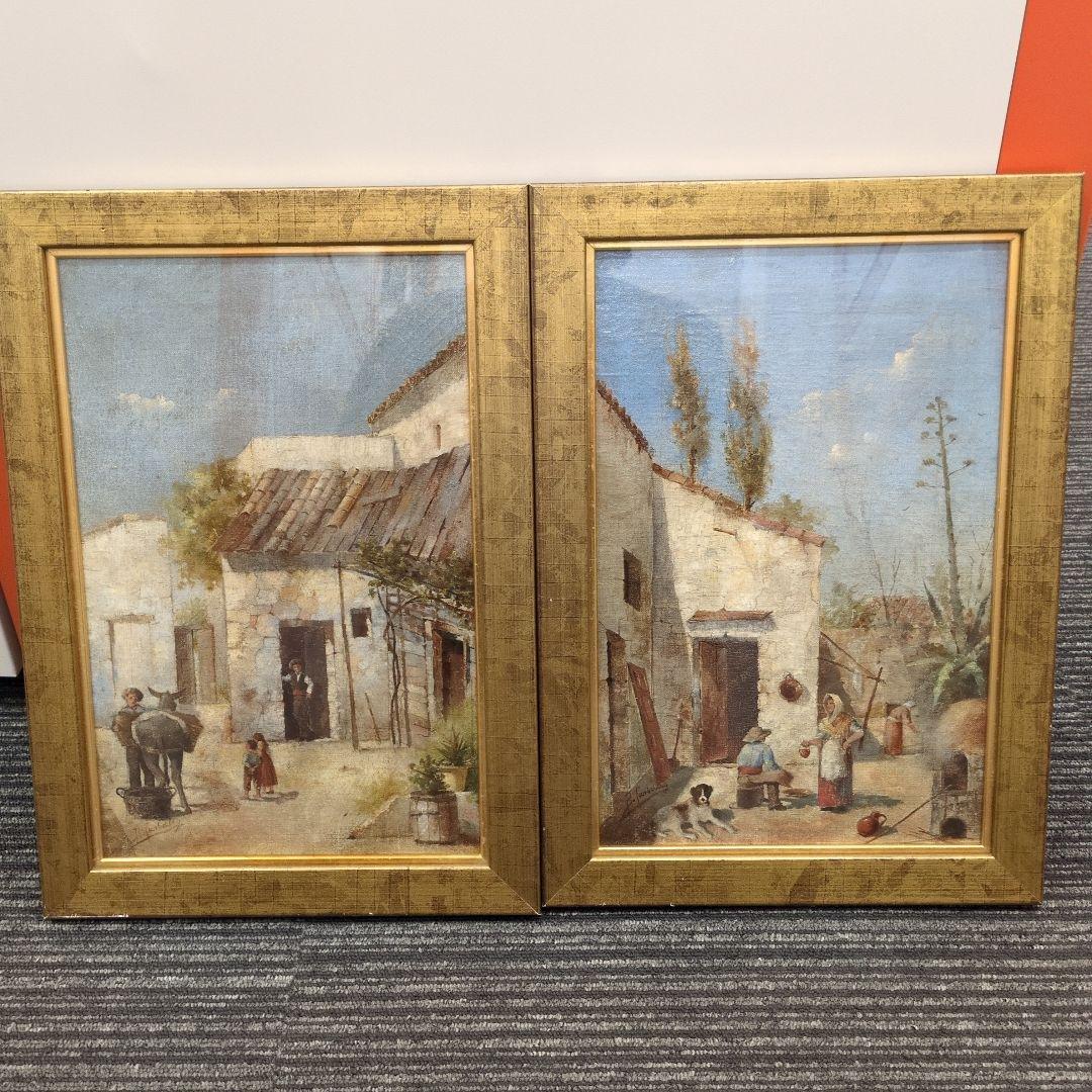 田舎の風景 油彩画 二つのパネル