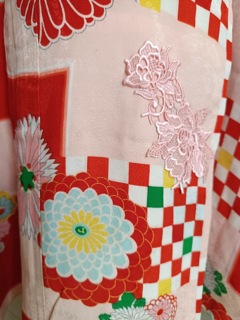 アンティーク格子模様の着物と白の作り帯☆七五三７歳セット