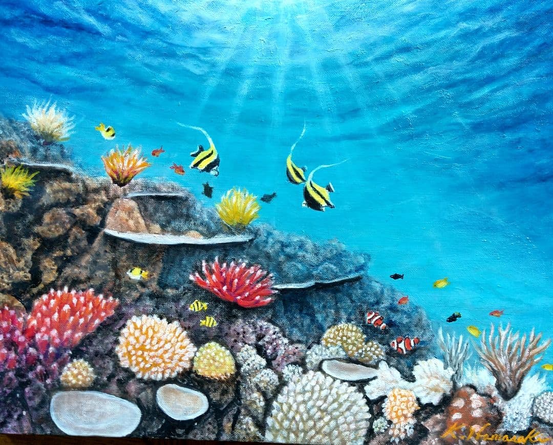 油彩画「魚たちの海中公園」油絵 絵画 原画 F6
