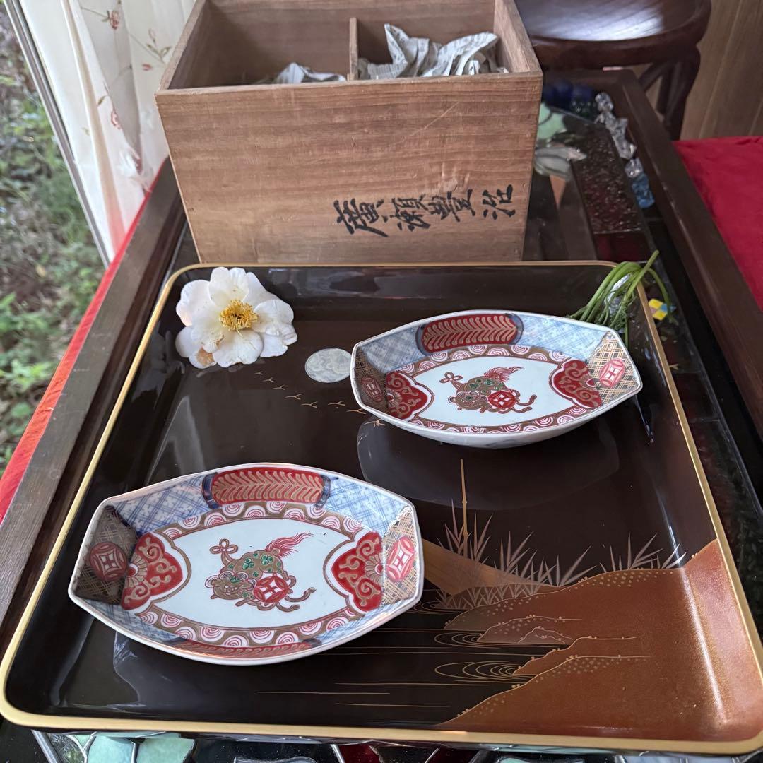 超限定15日20時迄‼️上手伊万里唐獅子牡丹富貴繁栄の舟形膾皿切支丹皿刺身皿 5客