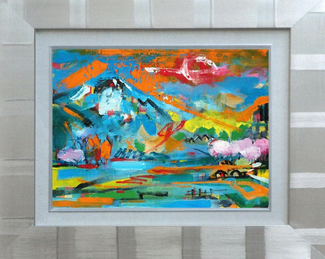 油絵 菅家令子 絵 絵画インテリア額付(黒) uF6-063203田園風景朝夕陽