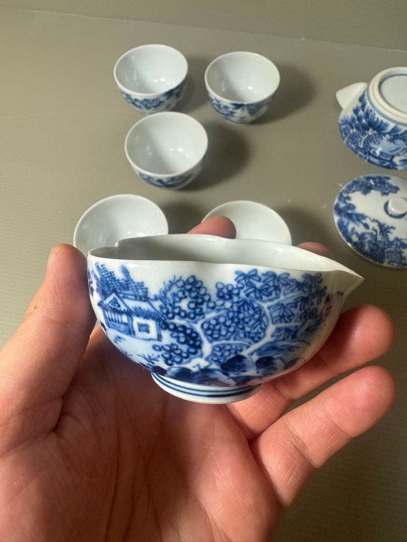 2334 平安草仙　染付青花　茶器セット　宝瓶1客　湯冷し1客　湯呑5客　鉢付き