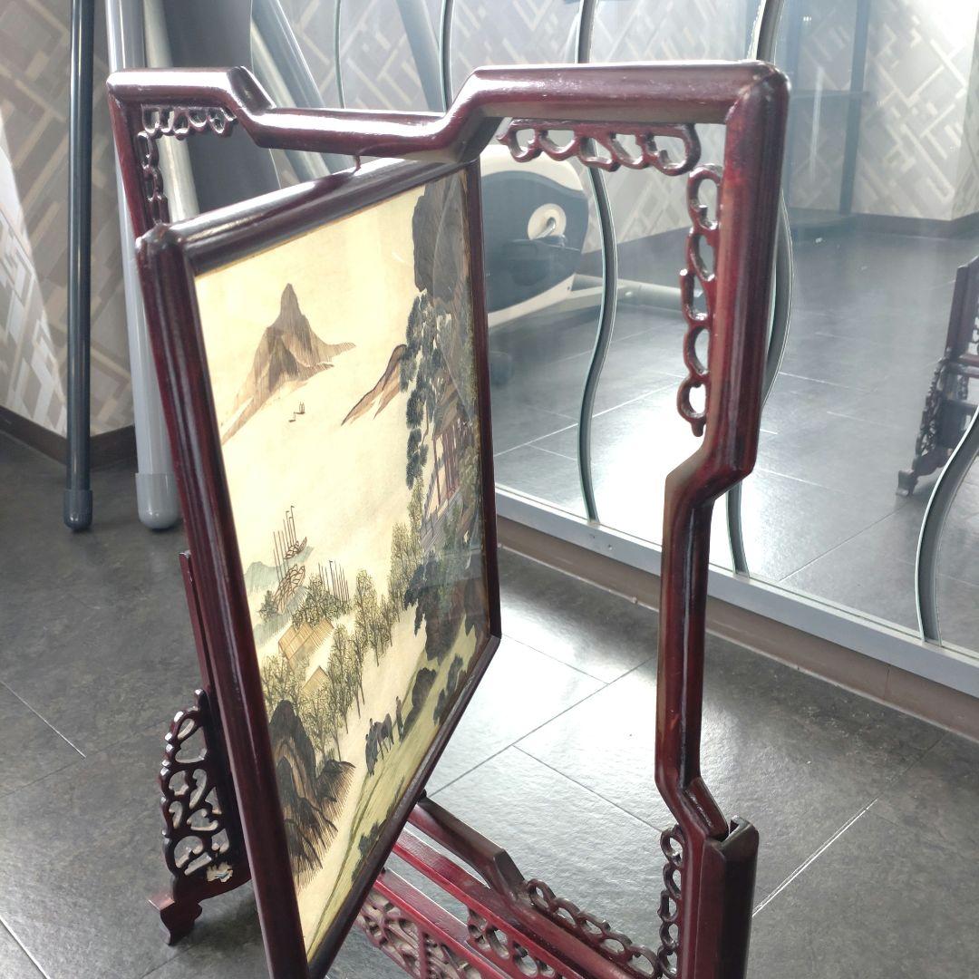 【希少　古代中国】刺繍　両面ガラス細工　唐木　古玩　骨董品　装飾品　山村海画