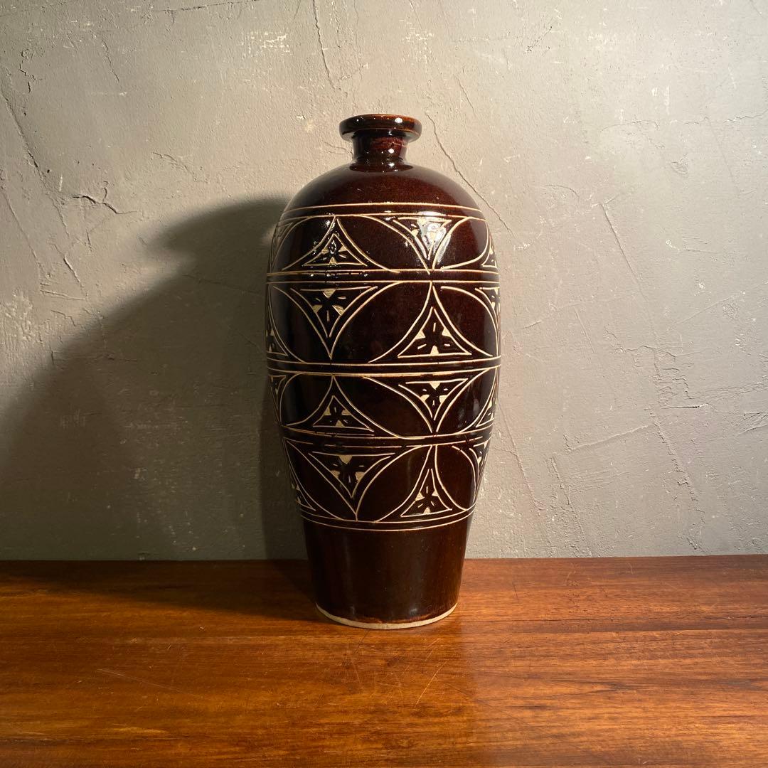 中国美術 磁州窯 黒釉梅瓶 飾り壺 花器 オブジェ インテリア 幾何学模様