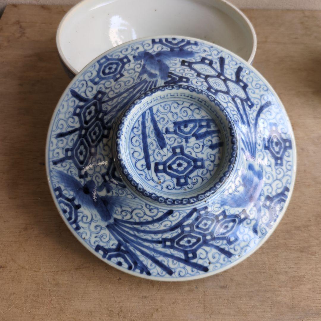 骨董 伊万里 蓋付 染め付け 亀甲紋様 物入れ 器 アンティーク