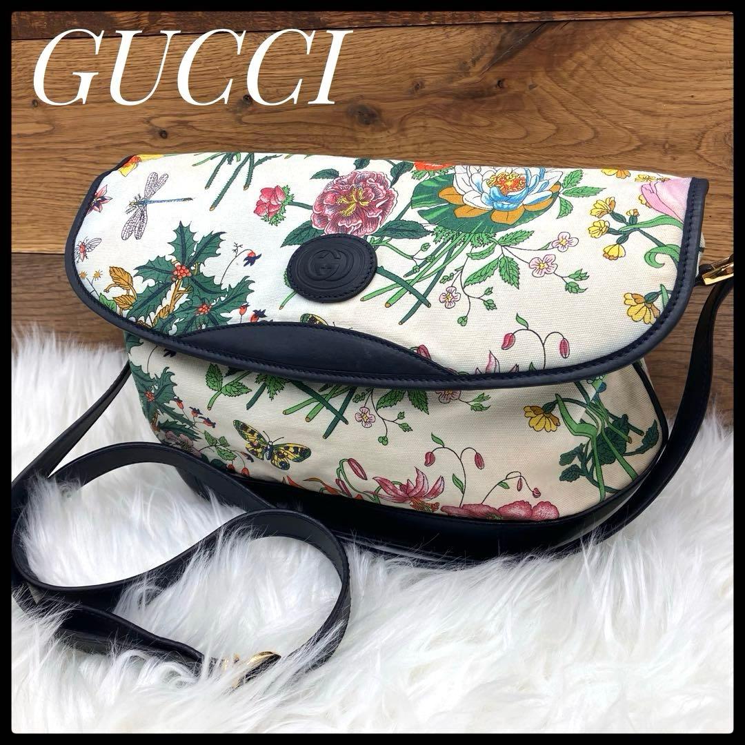 専用GUCCI オールド グッチ　フローラ キャンバスネイビーレザー ショルダー
