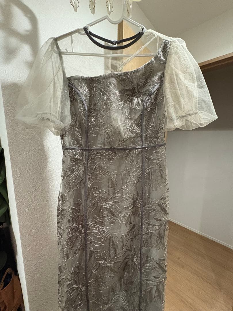 グレー シースルー袖 ロングドレス