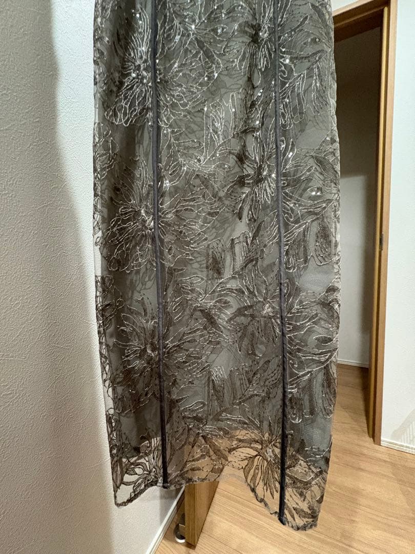 グレー シースルー袖 ロングドレス
