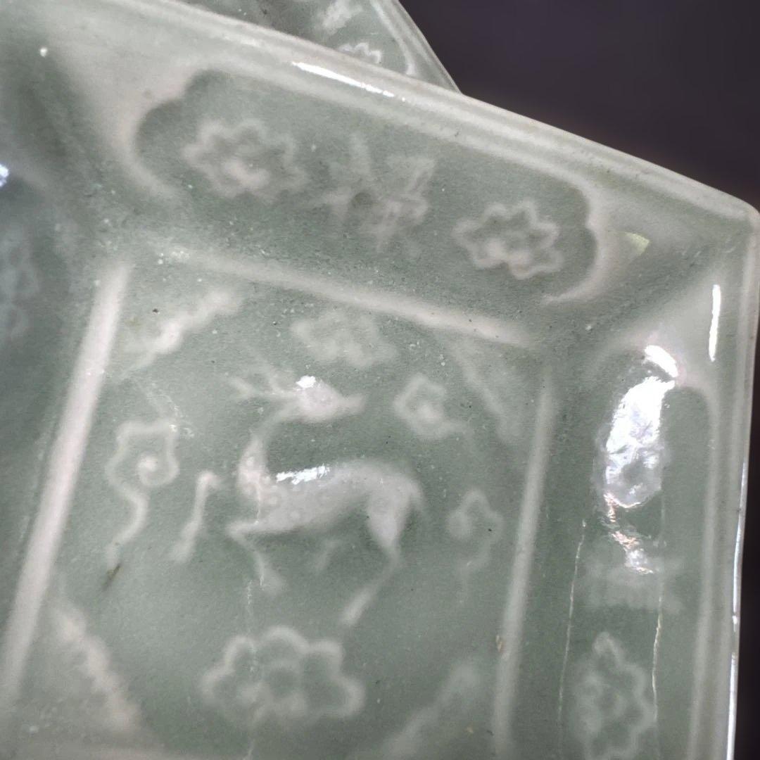 G26 送料無料　三田青磁　鹿の図　角皿　2枚　古美術　和骨董