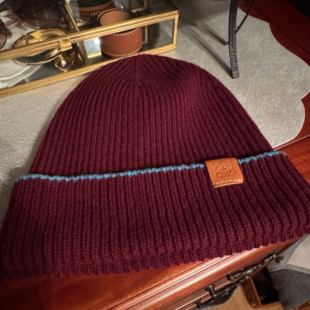 ロエベ バーガンディ リブ編み ニット帽ウール