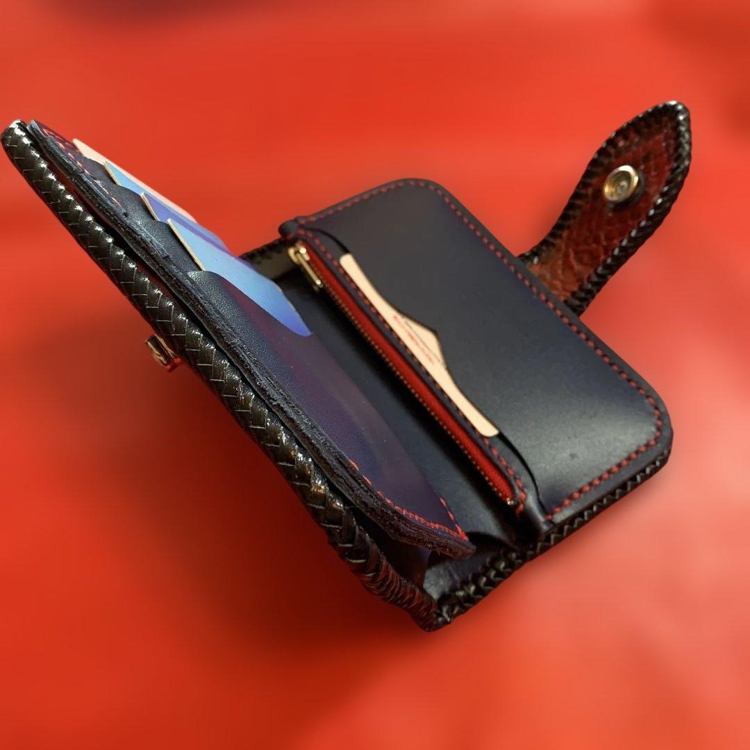 ハンドメイドレザークラフトレッドパイソンミドルウォレット牛革紺色牛レース編み紺色