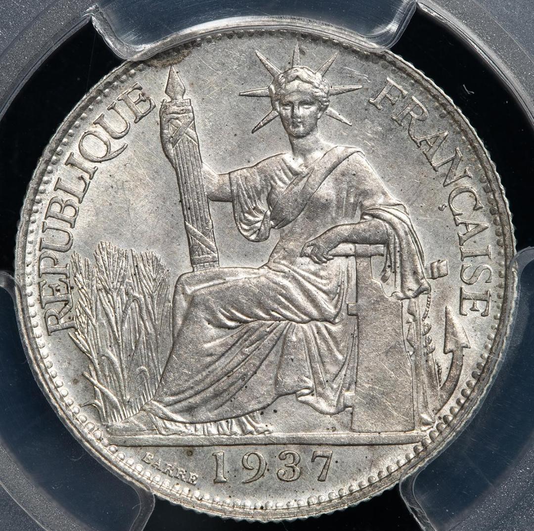 PCGS-MS62 フランス領インドシナ 1937 女神座像 1年タイプ　銀貨