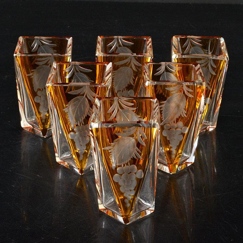 ボヘミアガラス　グラビュール　葡萄図　ショットグラス　6客　D　R6362