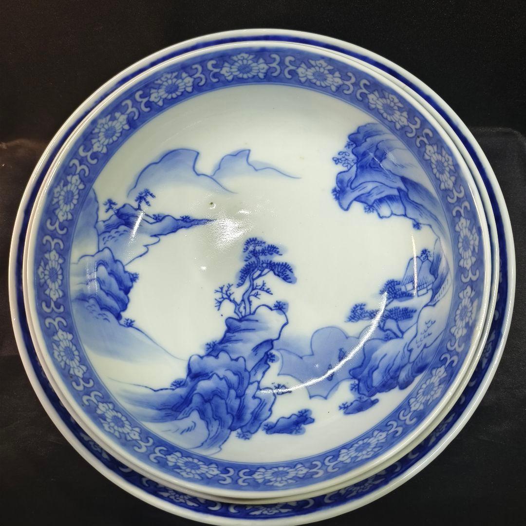 古伊万里 染付三つ鉢 山水風景文 手描き 明治骨董 古美術品 蒐集家放出美品