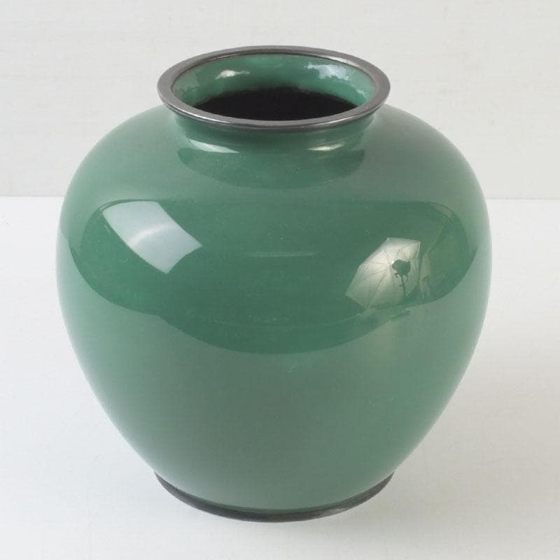 七宝焼　安藤七宝店　純銀刻印　緑釉　花文　花瓶　V　9659