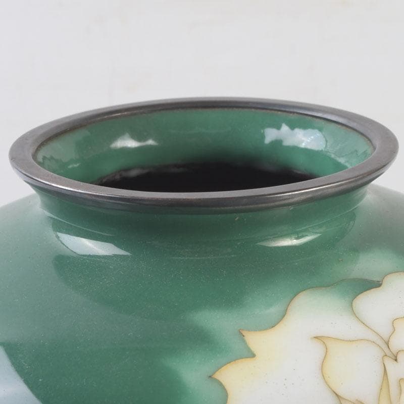 七宝焼　安藤七宝店　純銀刻印　緑釉　花文　花瓶　V　9659