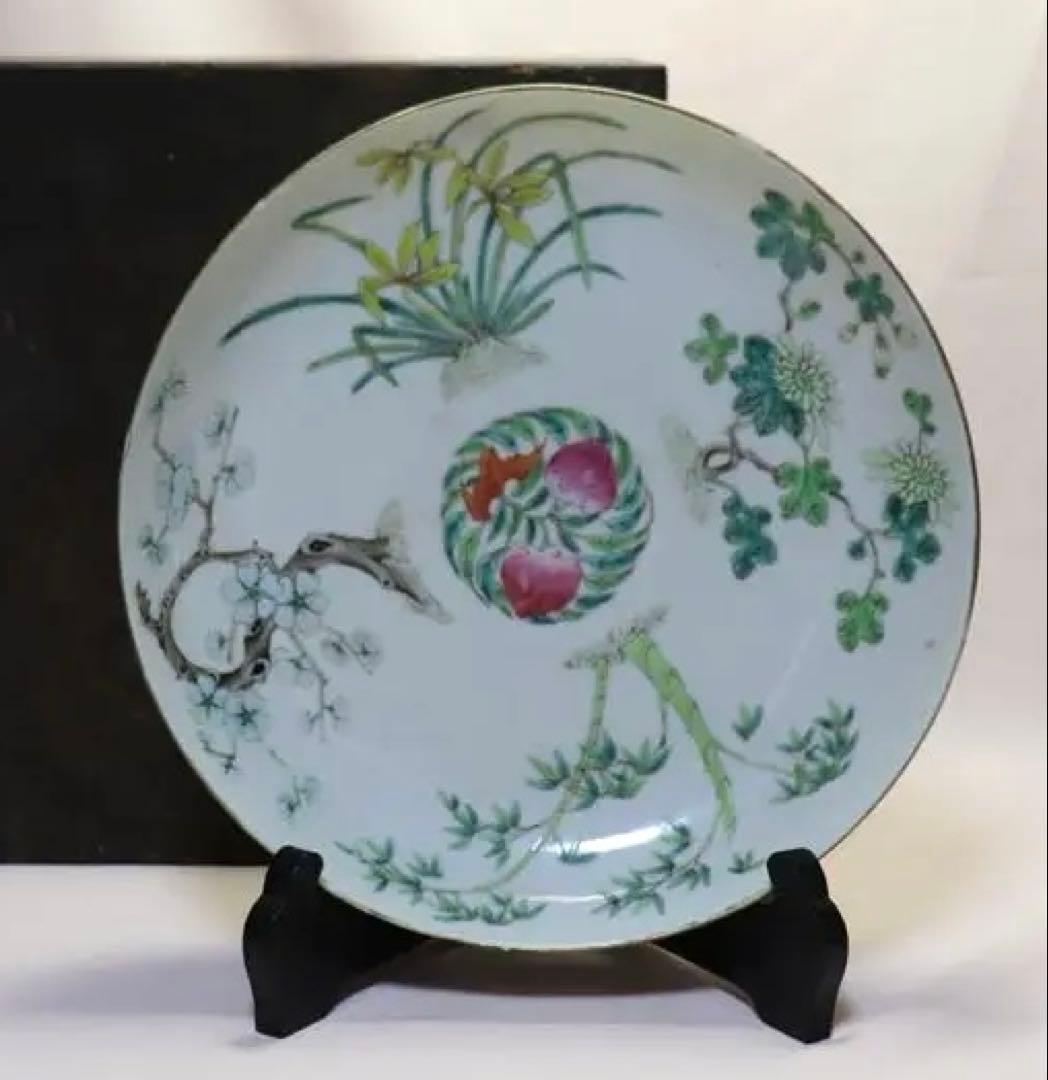 中国　清朝期　粉彩四君子鑑賞大皿② アンティーク　時代箱付0621