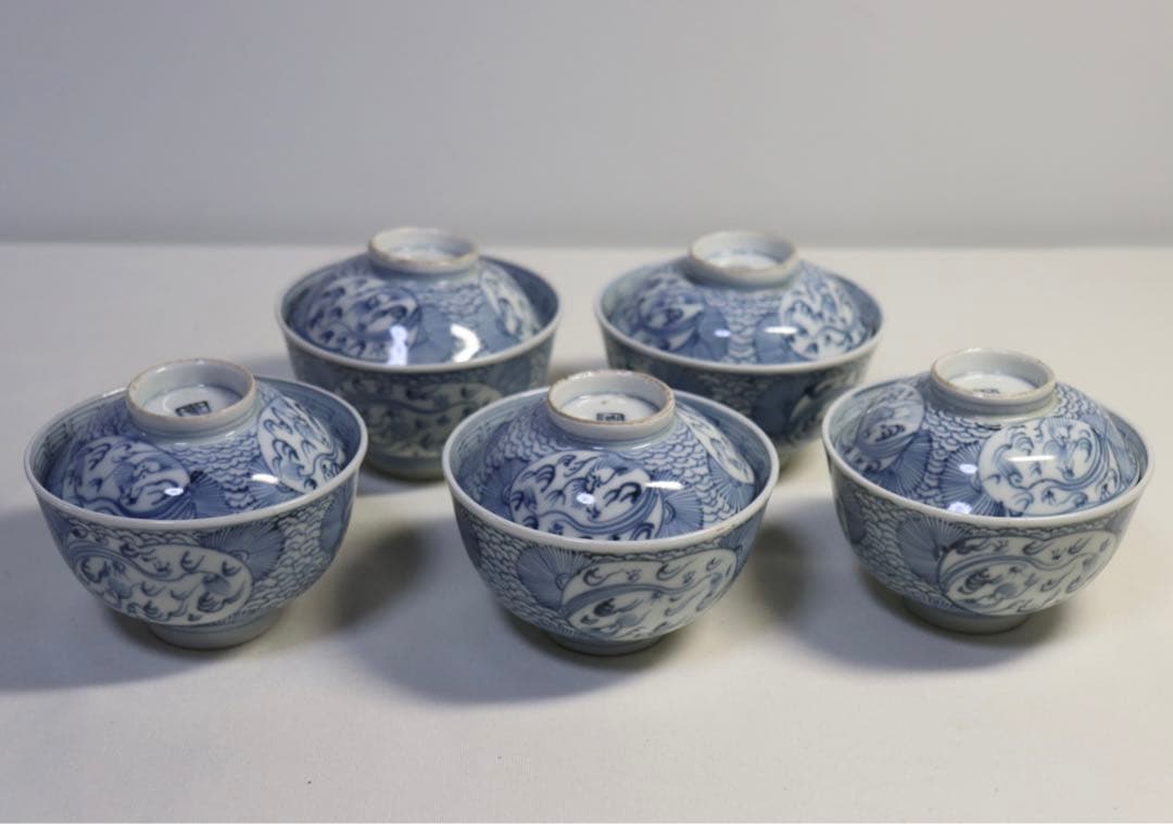 1003 時代　染付　龍紋蓋茶碗5客　送料込み1005