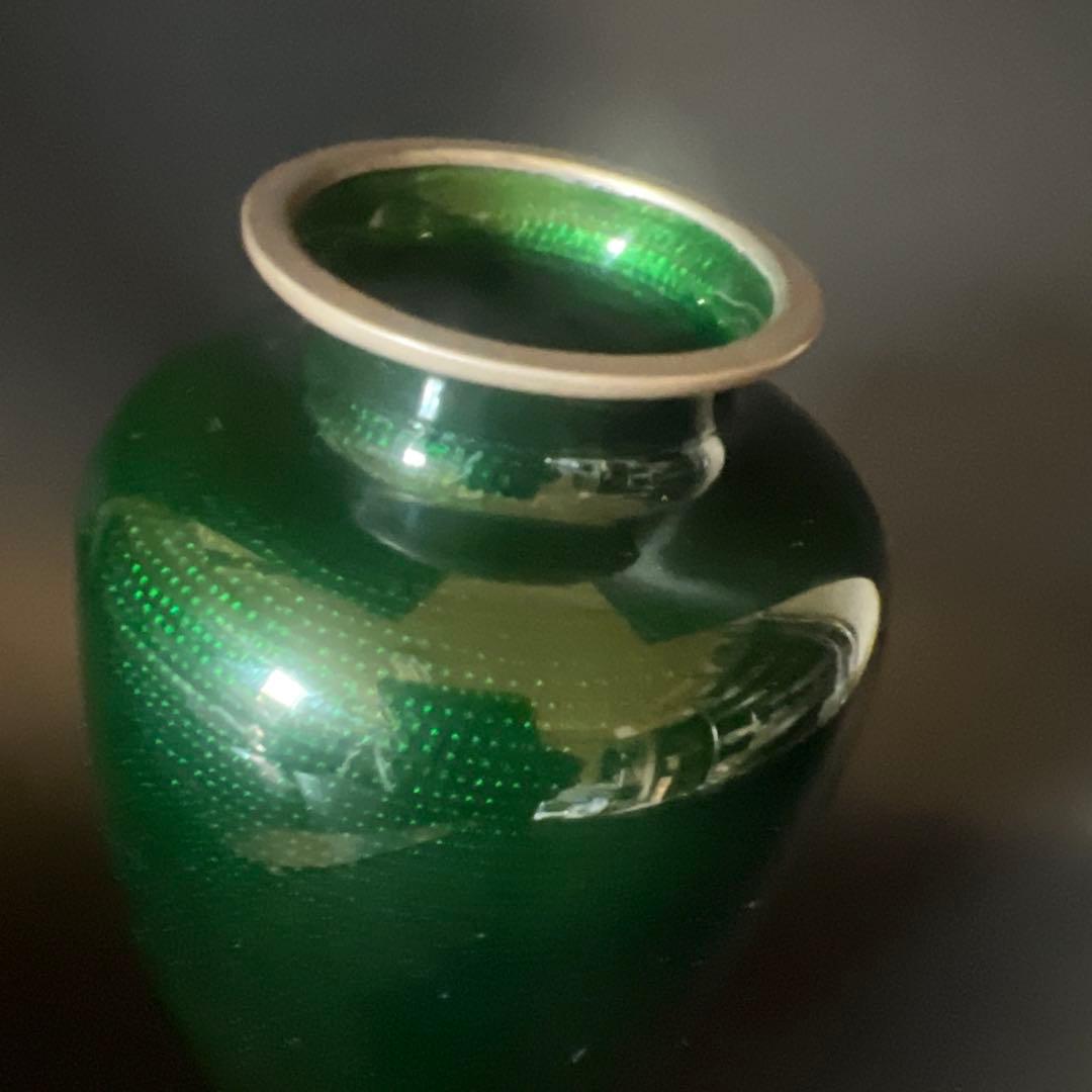 安藤七宝焼　梅菊竹　珍しい深緑系　花入れ　花瓶　華道　刻印有　極上工芸　金属工芸