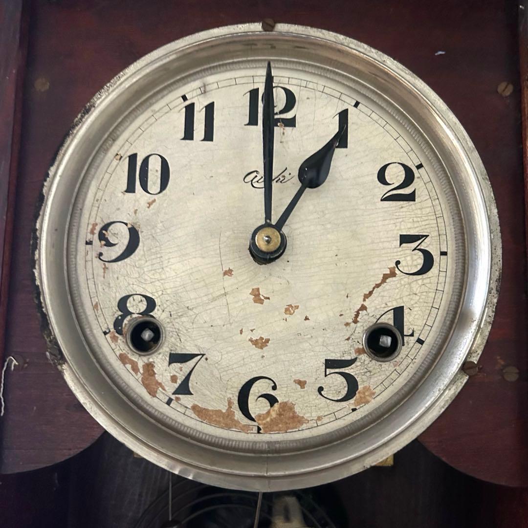 【匿名配送】Aichi 振り子時計　ゼンマイ式　手巻き鍵付　アンティーク　木製