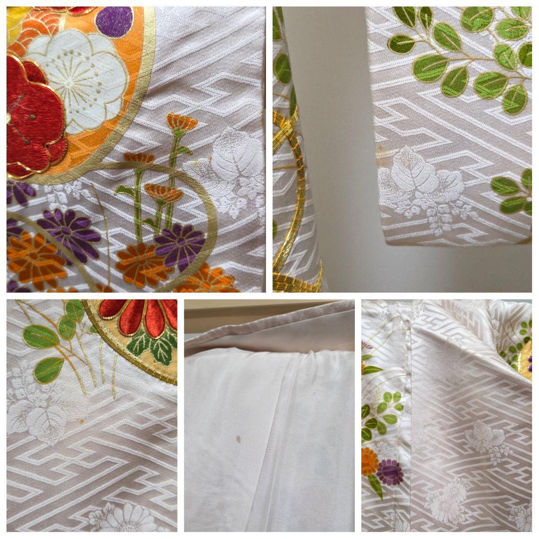 B◆着物くつろぎ 鼓に菊模様 金彩 金駒刺繍 白 袷 正絹 成人式 振袖 着物